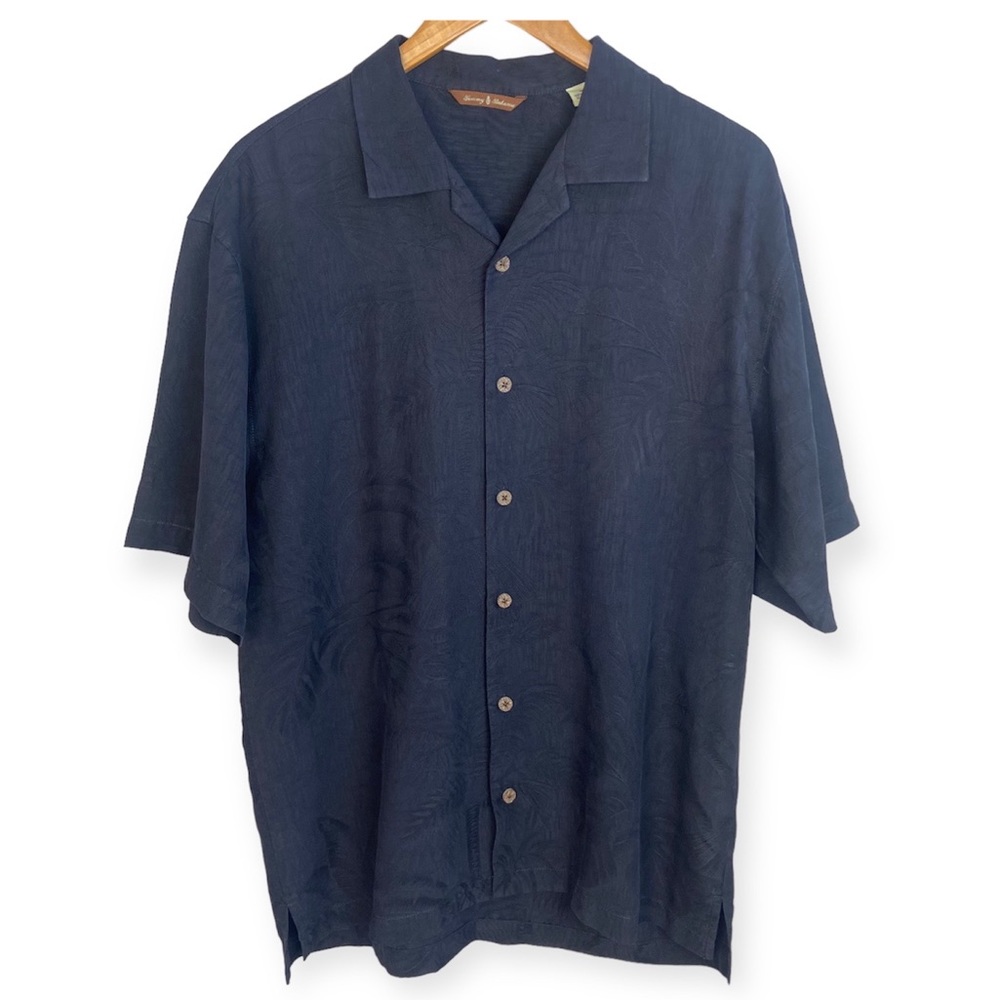 Tommy Bahama Black 100% Silk Shirt Short Sleeve Palm Tree Leaves Medium